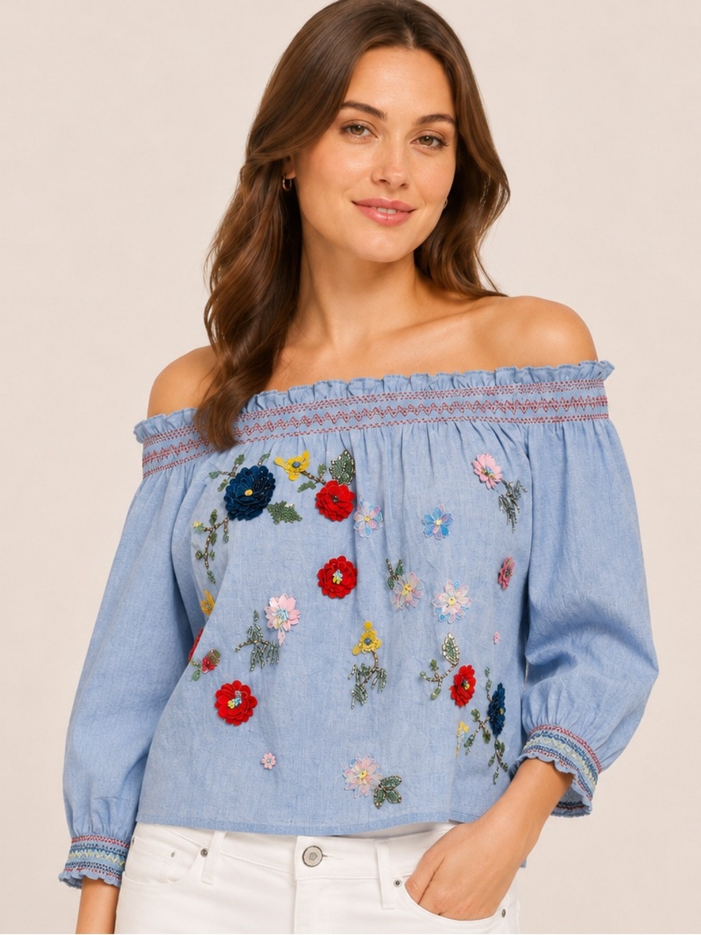 Joie Embellished Chambray Off Shoulder Top XS Floral Sequin Beaded